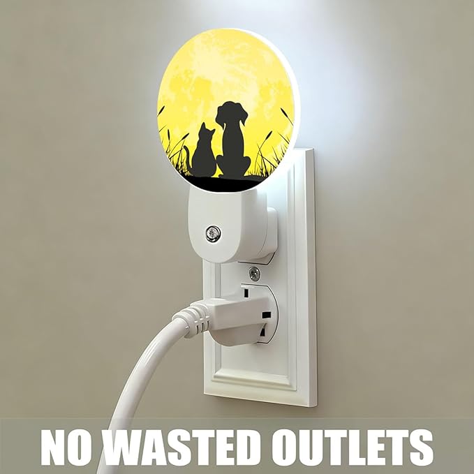 Plug-in Cat and Dog Against Full Moon Night Light with Dusk to Dawn Sensor, 0.5W LED Home Decor, Auto On/Off Decorative Nightlight for Men, Women, Boys & Girls