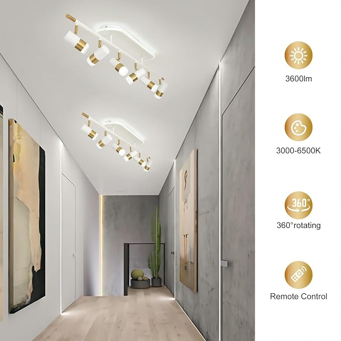 Jaycomey 6-Light LED Track Lighting Fixtures Ceiling, 60W Dimmable Track Light with Remote, 3000K-6500K Adjustable Ceiling Spotlights, 51in White Gold Ceiling Light Fixture for Kitchen Living Room
