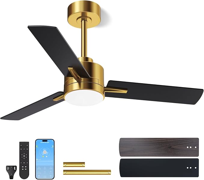 LANMEL Metal Ceiling Fan with Lights and Remote, 42 Inch, Gold & Black | Modern Low Profile Flush Mount, Reversible, 3CCT Dimmable, Quiet, LED, For Bedroom, Living Room, Indoor/Outdoor Patio Use