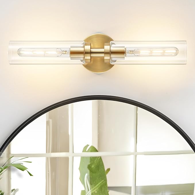 Lanhall 2 Light Bathroom Wall Sconce Set of 2,Modern Farmhouse Brushed Brass Gold Bathroom Light Fixture Over Mirror with Clear Glass Shade,Vanity Light for Hallway Cabinet Bedroom Stairway Porch