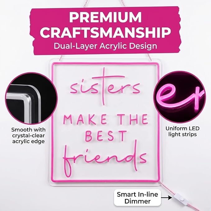 Sisters Make The Best Friends Neon Sign, Pink Led Wall Decor for Bedroom, Gift for Sister, Best Friend, BFF, USB Dimmable Aesthetic Room Decor for Girls, Unique Friendship Gift (13.8"x12.4")