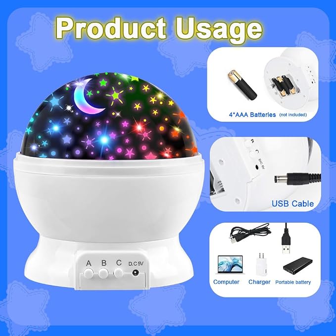 Night Light Projector,USB or Battery Operated lamp Portable Light,Color Changing Lights for Bedroom Kids Night Light,Room Decorations Rotating Star and Moon Ceiling Projector.（White）