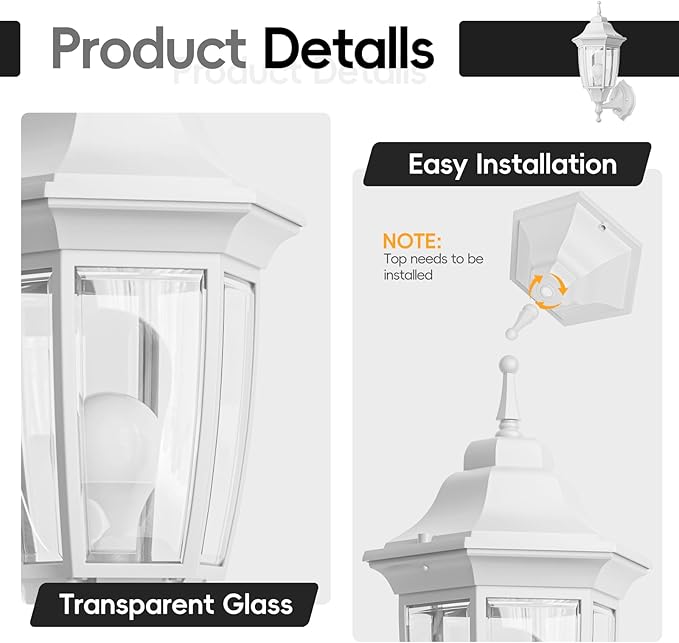 EMART Dusk to Dawn Outdoor Porch Light, Exterior Anti-Corrosion, Waterproof Aluminum & Glass Shades Wall Lamp Fixture, Modern Sconce Lantern for Yard, House, Garage - 1 Pack, White （Bulb Included）