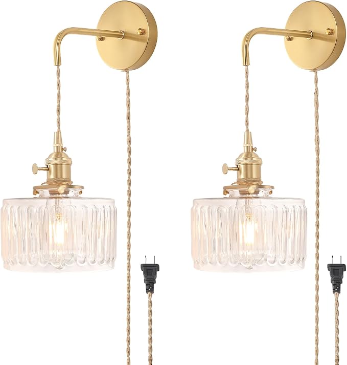 Shenmoyl Vintage Wall Sconce with Clear Striped Glass Shade Hanging Wall Sconce with 4.9FT Plug in Cord, Modern Wall Lamp Fixtures Decor for Bedside Bedroom Indoor Doorway, Set of 2