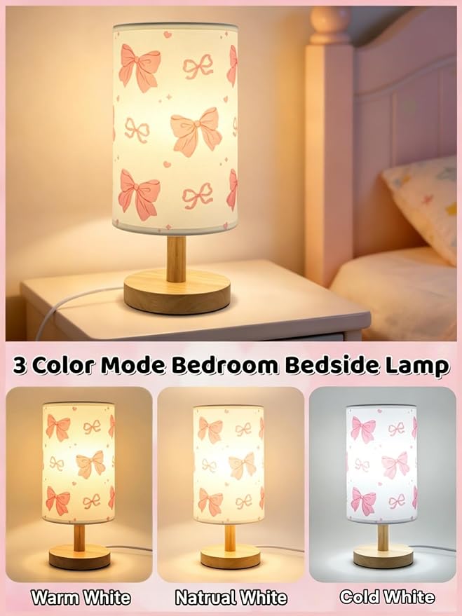 Pink Bow Table Lamp,Kids Bedside Lamp for Bedroom Girls Decorative Lights 3 Colors Nightstand Night light with Linen Lampshade Desk Lamp for Boys Girls Birthday Gifts for Home Office Living room Decor