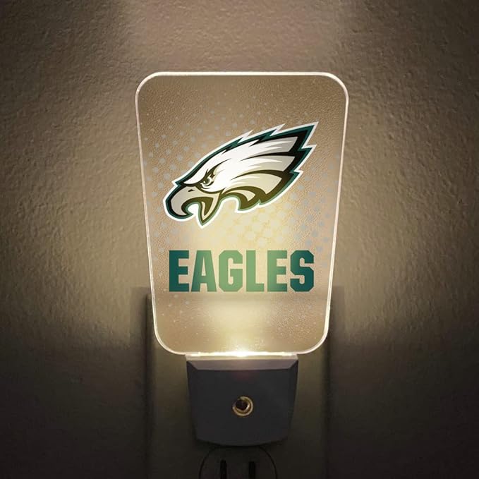 Party Animal NFL Team LED Night Light, with Auto Sensor and 3 Light Settings, Slim 5-Inch Design fits Standard Outlets, Philadelphia Eagles