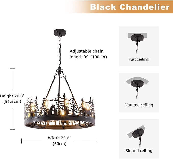 9-Light Rustic Farmhouse Chandelier, Black Wagon Wheel Pendant Light Fixture 23.6” Round Vintage Bear Chandelier for Dining Room Living Room Kitchen