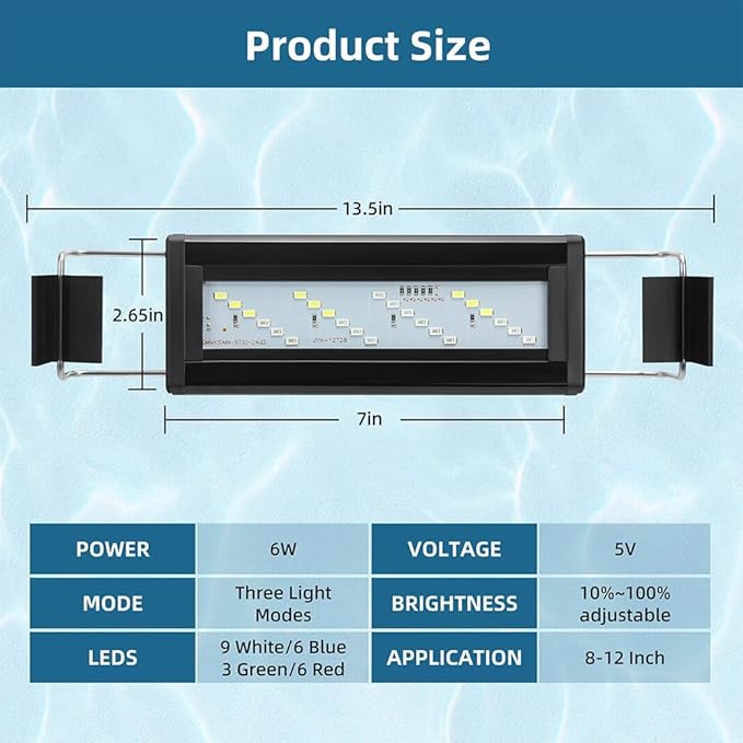 LED Aquarium Light Full Spectrum Fish Tank Light with Dimmer White Blue Red Green LEDs Fish Tank Light with Three Lighting Modes and Extendable Bracket for 8 Inch to 12 Inch Aquarium