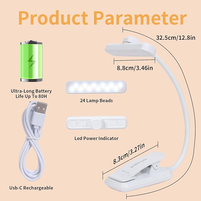 24 Led Rechargeable Book Light For Reading In Bed-Eye Caring 3 Color Temperatures,80 Hrs Runtime Lightweight Clip-On Lamp, Perfect For Kids, Book Lovers, And Student Gifts (White, Rotating)