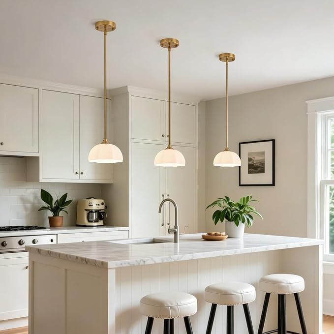Milk Glass Pendant Lights for Kitchen Island E26 Base Mid Century Light | 7.8inch Modern Gold Lighting for Bathroom Bedroom Dining Room Adjustable Hanging Height Fixture