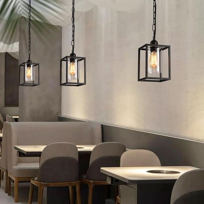 3 Pack Farmhouse Pendant Light,Black Metal Frame Hanging Light Fixture with Clear Glass Shade, Adjustable Chains Industrial Mini Pendant Lighting for Kitchen Island Entryway Porch Foyer