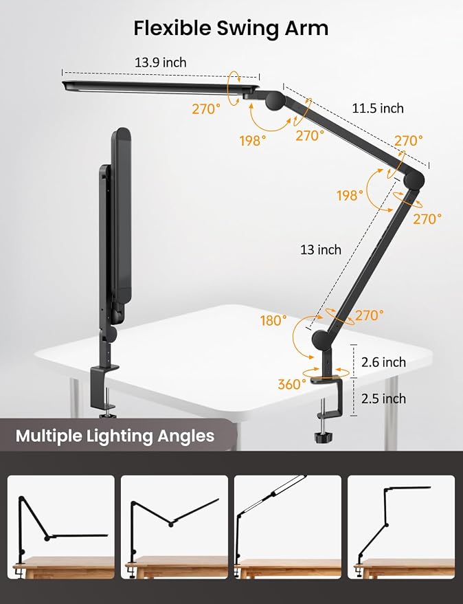 LED Desk Lamp with Clamp, Adjustable Dual Light & Remote Control, Puzzle Light for Table No Glare, 4 Color Modes with Wireless Remote for Home Office & Study