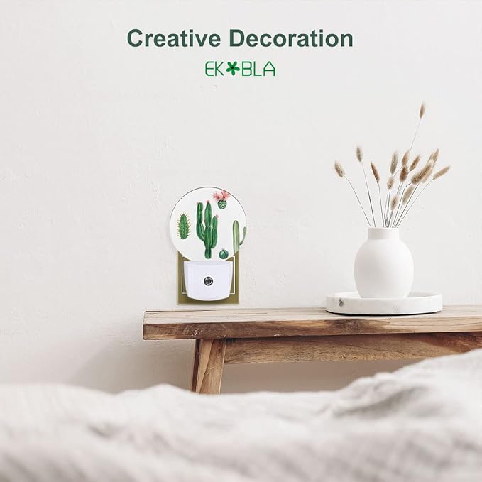 EKOBLA Plug in Cactus Night Light Exotic Cactus Pink Flower Desert Plant Green Night Lights Plug into Wall Round Lamp for Girls Boys Bedroom Bathroom Led Wall Decor