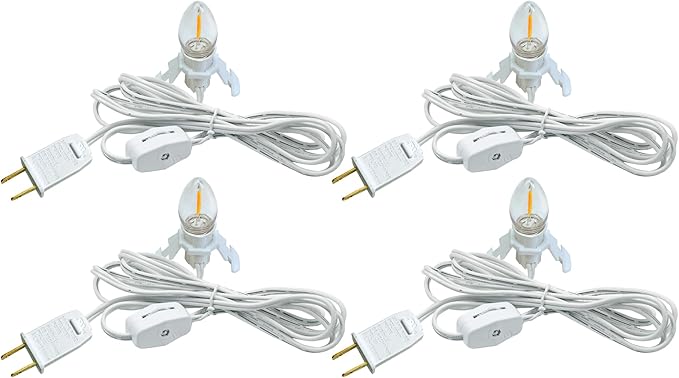 4 Pack Accessory Cord with LED Night Light Bulbs - White Cord with On/Off Switch - C7 led Bulb Warm White with Spare Fuse for Holiday Decoration and Craft Village House Decoration