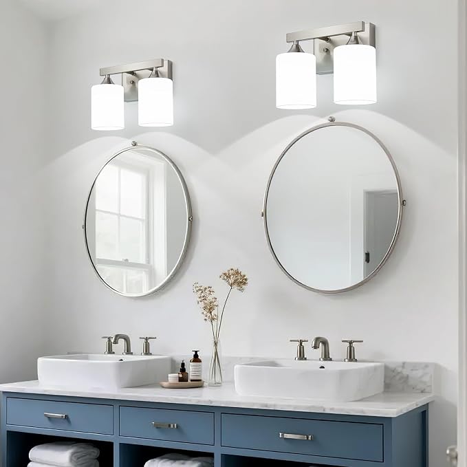 ZHU YAN 2-Light Bathroom Vanity Light,Brushed Nickel Bathroom Light Fixture,Milky White Glass Shades,Modern Bathroom Wall Lamp for Mirror Living Room Cabinet Bedroom E26 Socket