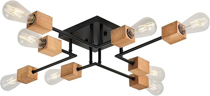 8-Light Modern Black and Wood Sputnik Chandelier Retro Matte Ceiling Light Fixture Boho Ceiling lamp for Kitchen Dining Room Living Room Bedroom Farmhouse