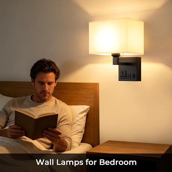 Plug in Wall Sconces, Wall Lamp with Black Base Square lampshade | Wall Lights for Bedroom Bulb Included, Wall Mounted Lamp with 3 Color Temperature, Bedside Lamps with USB Ports and AC Outlet