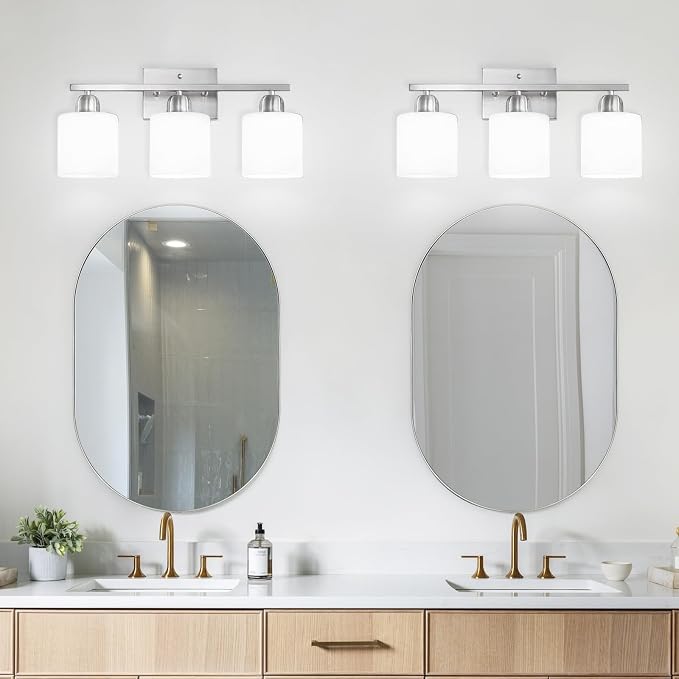 Brushed Nickel Bathroom Light Fixture, Anti-Rust Finish 3 Light Vanity Lights for Bathroom, Bath Lights with Milky White Frosted Glass Shades, E26 Socket