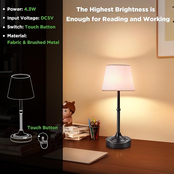 LUTEC Cordless Table Lamp, Battery Operated Lamp with 3 Color Temps and Stepless Dimming, 5200mAh Portable Rechargeable Table Lamp for Restaurant/Bedroom/Bars/Outdoor (Black)
