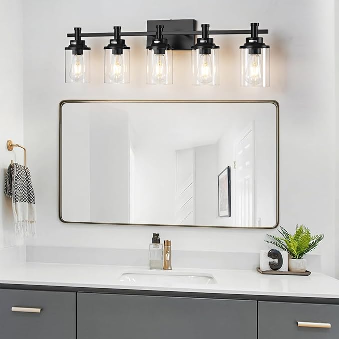 5-Light Black Bathroom Vanity Light, Modern Bathroom Light Fixtures Wall Sconces Over Mirror with Clear Glass Shade