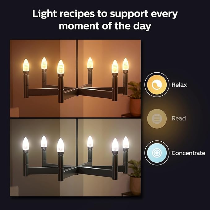 Philips Hue Smart 40W Candle-Shaped Filament LED Bulb - White Ambiance Warm-to-Cool White Light - 2 Pack - 350LM - E12 - Indoor - Control with Voice or App