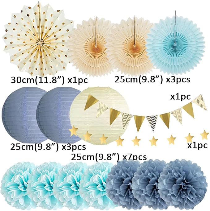 Dusty Blue Party Decorations Boho Beige Light Dusty Blue and Gold Party Decorations Paper Lanterns Poms Fans Champagne Gold for Birthday Baby Shower Boy Bridal Shower Wedding Engagement Graduation