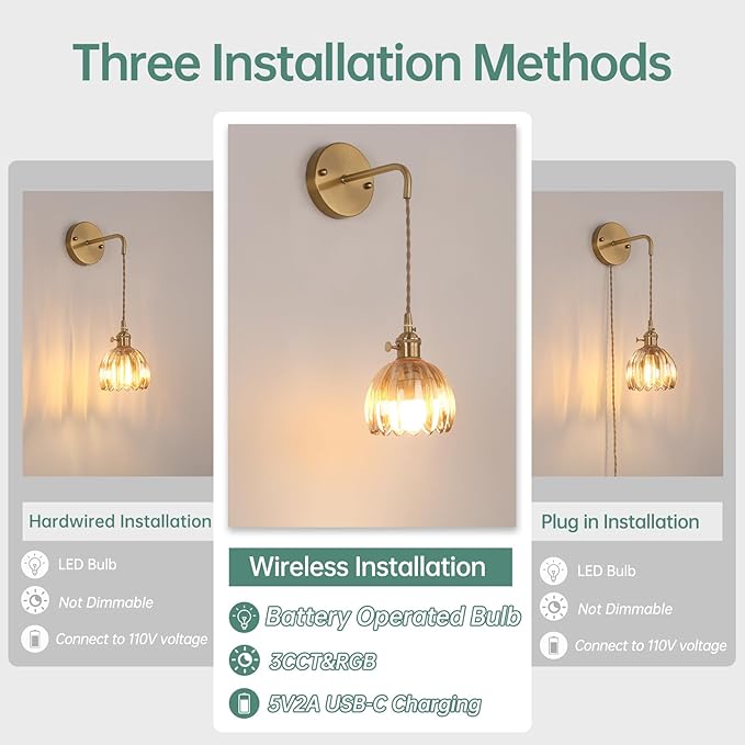 Battery Operated Wall Sconce with Amber Tulip Shade Pattern Glass Adjustable Chain Retro Gold Wall Mounted Light, Modern Wall Lamp Fixtures Decor for Bedside Bedroom Indoor Doorway