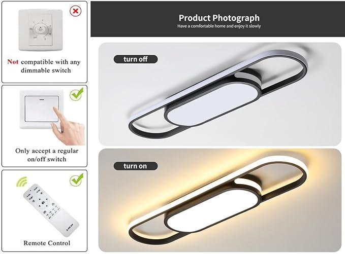 Tioolo Modern LED Ceiling Light, 27.5in Dimmable Linear Fixture with Remote | 3000K-6500K Flush Mount Ceiling Light, Black Acrylic Long Ceiling Light, Memory for Kitchen, Bedroom, Hallway, Closet, 40W