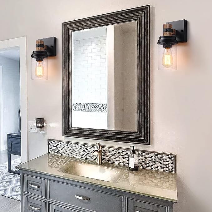 1-Light Farmhouse Hardwired Wall Sconces Bathroom Vanity Light Fixtures | Rustic Faux Wood Indoor Wall Mount Light with Clear Glass Shade for Living Room Bedroom Hallway Kitchen