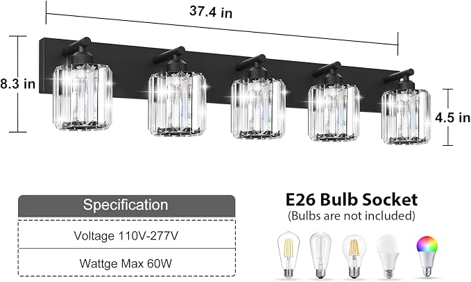 Black Crystal Bathroom Vanity Light, 5-Light Modern Bathroom Lighting Fixtures Over Mirror, Matte Black Wall Sconce Light Fixtures with Round Shade