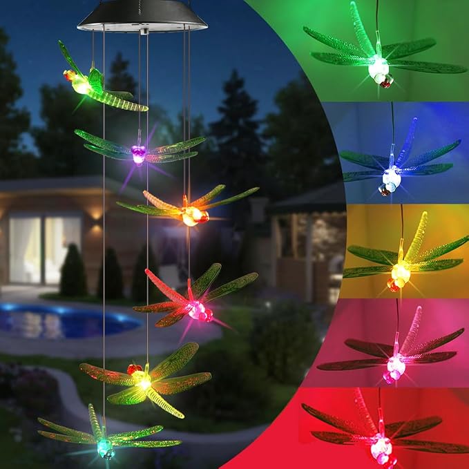 Toodour Solar Wind Chimes Outdoor, Color Changing Solar Lights Dragonfly | Gifts for Mom Grandma, Waterproof Decorative Mobile Light, Gardening Gift for Garden,Patio, Window, Yard, Outdoor Decor