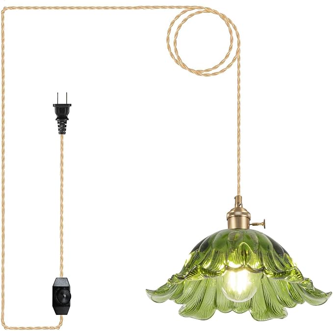 Plug in Pendant Light Fixtures,Hanging Light Fixture Corded On/Off Switch,11 inch E26 Green Glass Lampshade Pendant Lighting for Kitchen Island, Bedroom, Dining Room