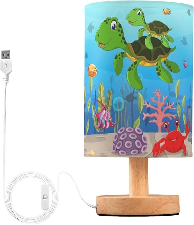 Table Lamp Colorful Underwater Sea Turtle Octopus Crab Fish Coral Aquatic Nightstand Lamp with Wood Base Fabric Lamp Shade Bedside Desk Lamp for Living Room Bedroom Kids Room Office