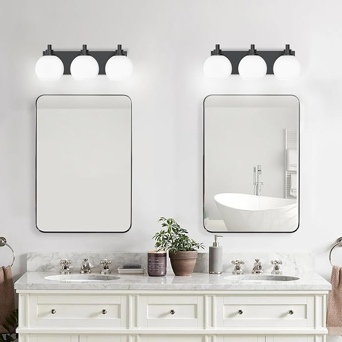 IZORRO Bathroom Light Fixtures, 3-Light Matte Black Vanity Light, Modern Wall Sconces with Globe Milk White Glass Shade, Vanity Lighting Fixtures Over Mirror,E26 Bulb Socket