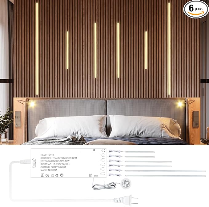 LED Recessed Lighting Kit,6 Pack Self-Adhesive LED Light Bar, Warm White 3000K, with Touching Switch, for Wood Slat Wall Panels,Indoor Wall,Home Decor. Silver Chanenl,2Pcs*(16In+24In+40In)