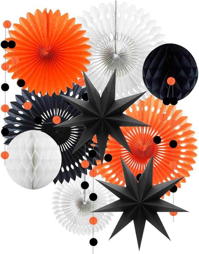 ADLKGG Orange White Black Halloween Decorations, Hanging Tissue Paper Fans Circle Garland Paper Lanterns for Graduation Wedding Anniversary Birthday Backdrop Decor