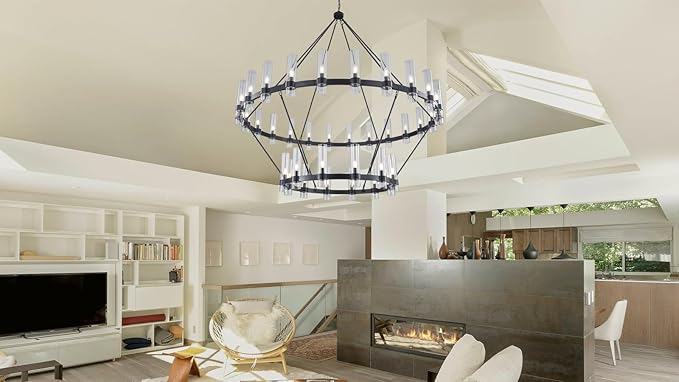 70 Inch Black Wagon Wheel Chandelier 2 Tier with Glass Shade, 36 Lights, Modern Farmhouse Style, Ideal for Dining Room, Kitchen, Entryways