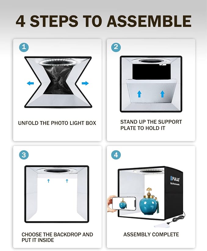 PULUZ 9.8"/25cm Foldable Portable Photo Studio Light Box, Adjustable Brightness Light Box Photography Lighting Shooting Tent Kit, with LED Lights and 12 Colors Backdrop