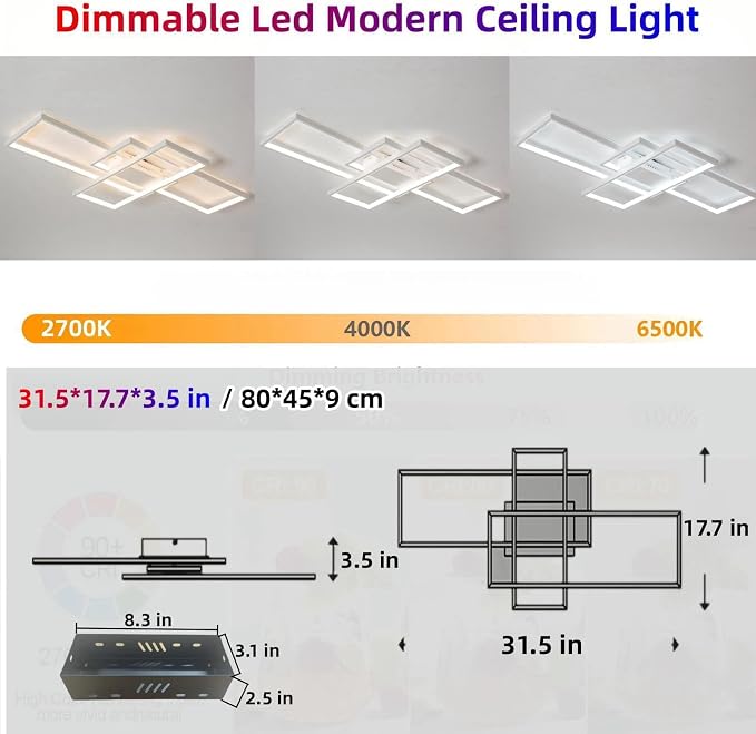 31″ 45W Modern Ceiling Light 3000-6500K Dimmable Kitchen Light Fixtures | Timer Night light Memory function Adjustable brightness color temperature Flush Mount Light Fixture remote control Bedroom