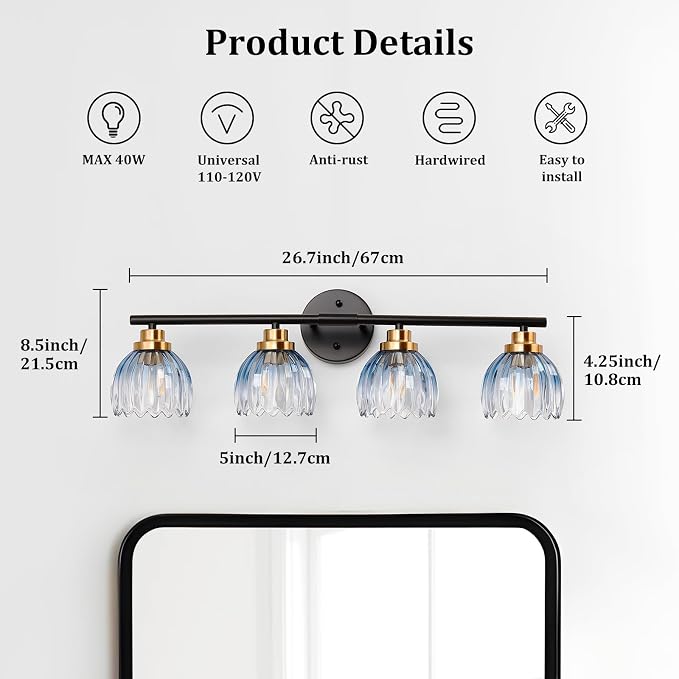 TALOYA Black Gold 4-Light Bathroom Vanity Light with Blue Tulip Glass Shade | Modern Vanity Lighting Fixtures, Bathroom Lights Over Mirror, Wall Mount Mirror Light Fixtures for Bathroom Hallway Bedroom