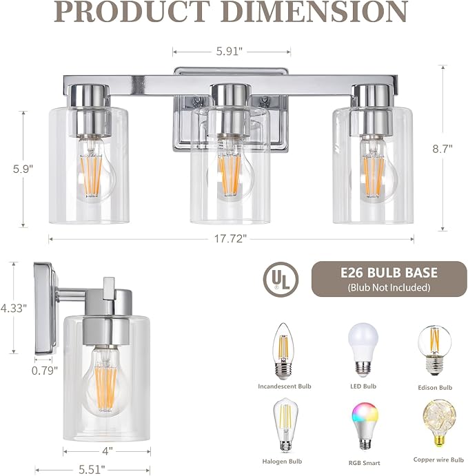 3-Light Bathroom Light Fixtures with Clear Glass, Chrome | Vanity Lights, Modern Wall Sconces, Over Mirror for Bathroom, Powder Room, Living Room
