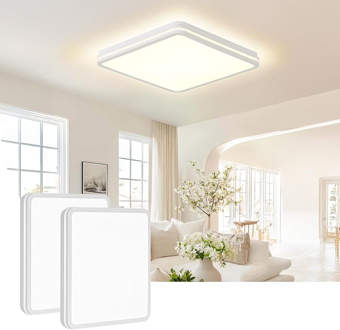 2PK 18 Inch LED Flush Mount Ceiling Light, White Ceiling Light Fixture with Side Light, 50W,4500LM, 2700K/4000K/6000K CCT Selectable, Square Lamp for Bathroom, Closet, Kitchen, Hallway, Bathroom