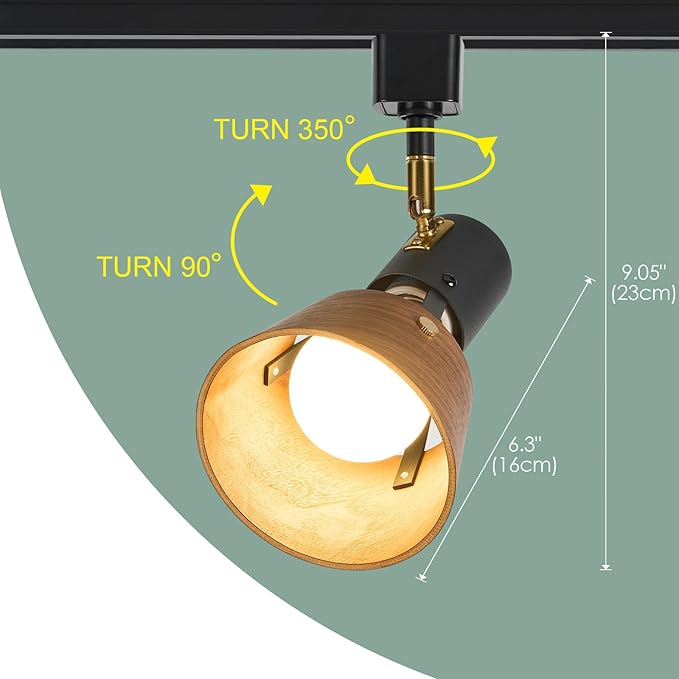 TeHenoo Modern H Type Track Lighting, Adjustable Track Heads,Matte Black Finish and Natural Wood Lampshade Spotlights, E26 Socket,Brass Swivel Item Kit, for Accent Retail-Pack of 3