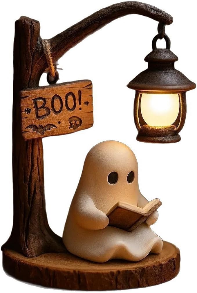 Halloween Ghost Figurine Statue Cute Ghost Reading Book Lamp Designs 3D Unique Night Light Gifts Tabletop Ornament Decoration Cartoon Resin Sculpture for Holiday Decor Supplies