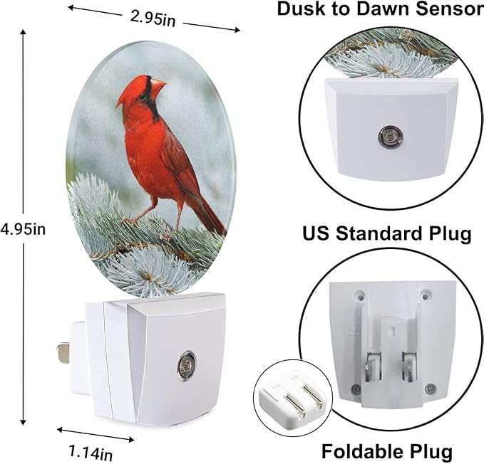 Cardinal Night Light Northern Red Bird On Tree Branch Plug-in Nightlight LED Auto on/Off for Hallway Stairway Kitchen Men Women Bedroom