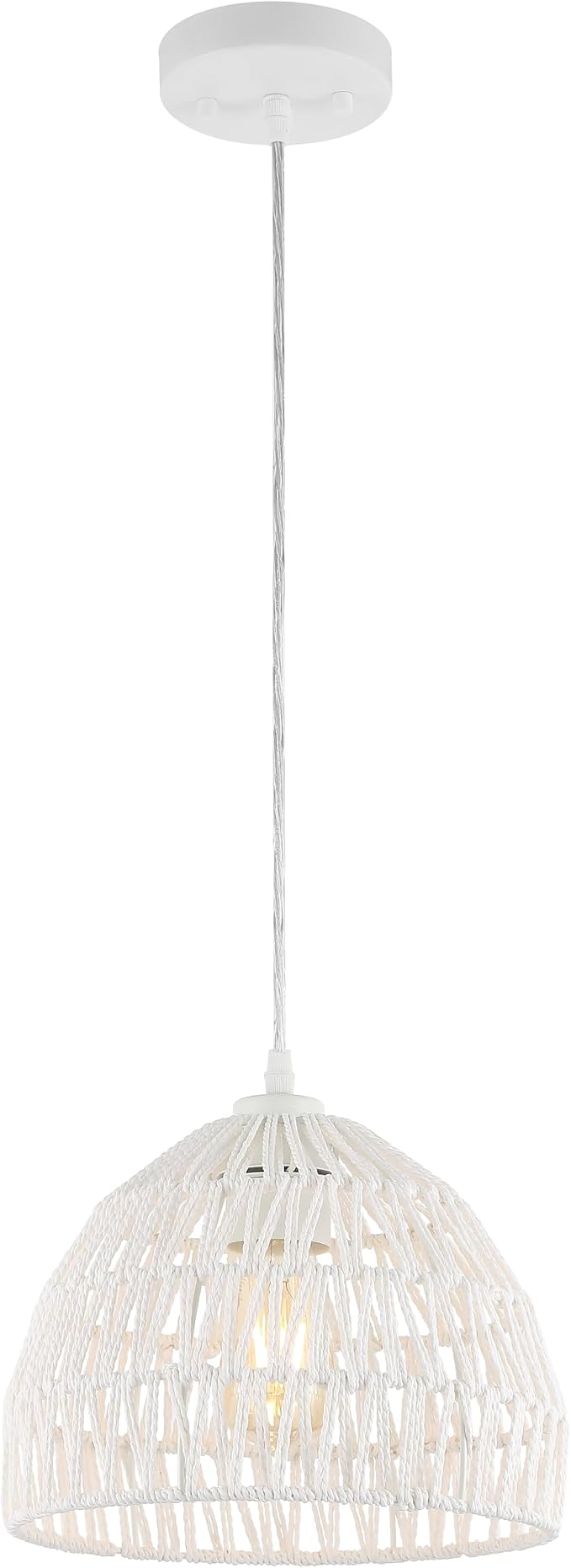 JONATHAN Y Campana 1-Light Pendant Dome Ceiling Lamp, 10.25", White | Modern Coastal Farmhouse Decor, Adjustable Height, Woven Rope Metal Frame, LED Bulb Included, UL Listed
