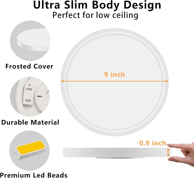 LED Ceiling Light Fixture Flush Mount, 9inch Low Profile Ceiling Light | 18W 5000K, Slim Flat Surface Mount Ceiling Lights for Bedroom Kitchen Hallway Laundry Stairwell Basement Closet White