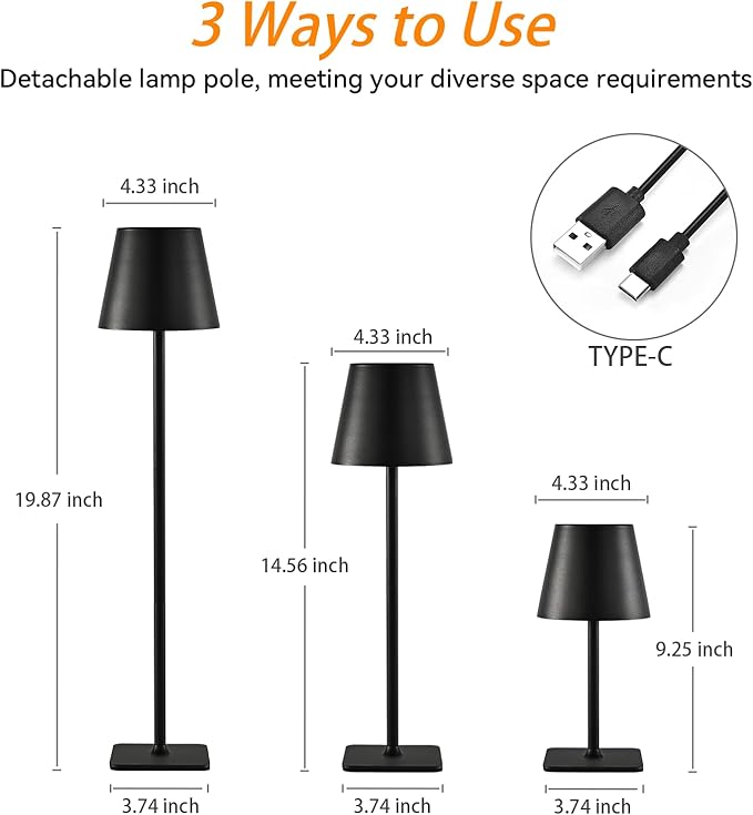 4-Pack Rechargeable Cordless Table Lamps, Battery-Operated Wireless Minimalist Table Lamp, 3 Colors Stepless Dimming LED Adjustable Height Table Lamp for Dining/Bedside/Camping (4, Black)