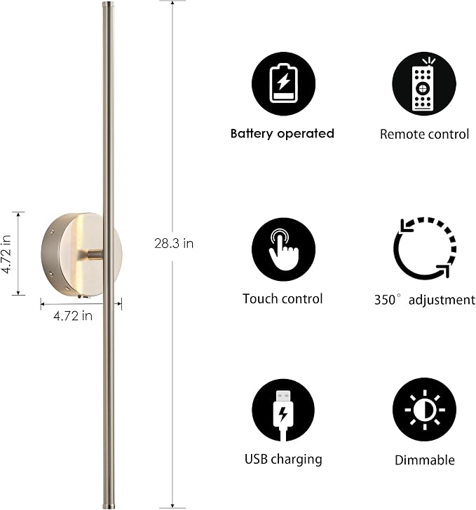 KARTOOSH Battery Operated Wall Sconces Set of Two Wireless Wall Lights | Rechargeable Wall Sconce with Remote 350°Rotate Dimmable 3000K LED Wall Lamp for Living Room, Bedroom