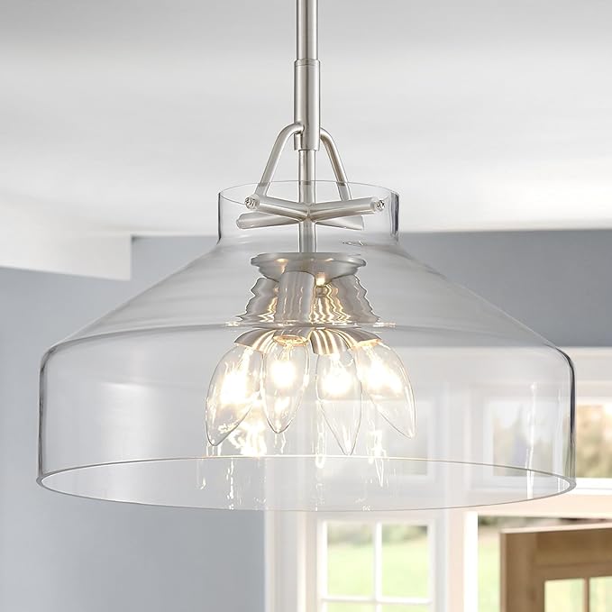 WUZUPS Chandelier Rustic Farmhouse Industrial Round Ceiling Pendant LED Light Fixture with Clear Glass Shades for Dining Room Kitchen Island Foyer Entryway, H 11.8" W 15", E26 Base, Gold